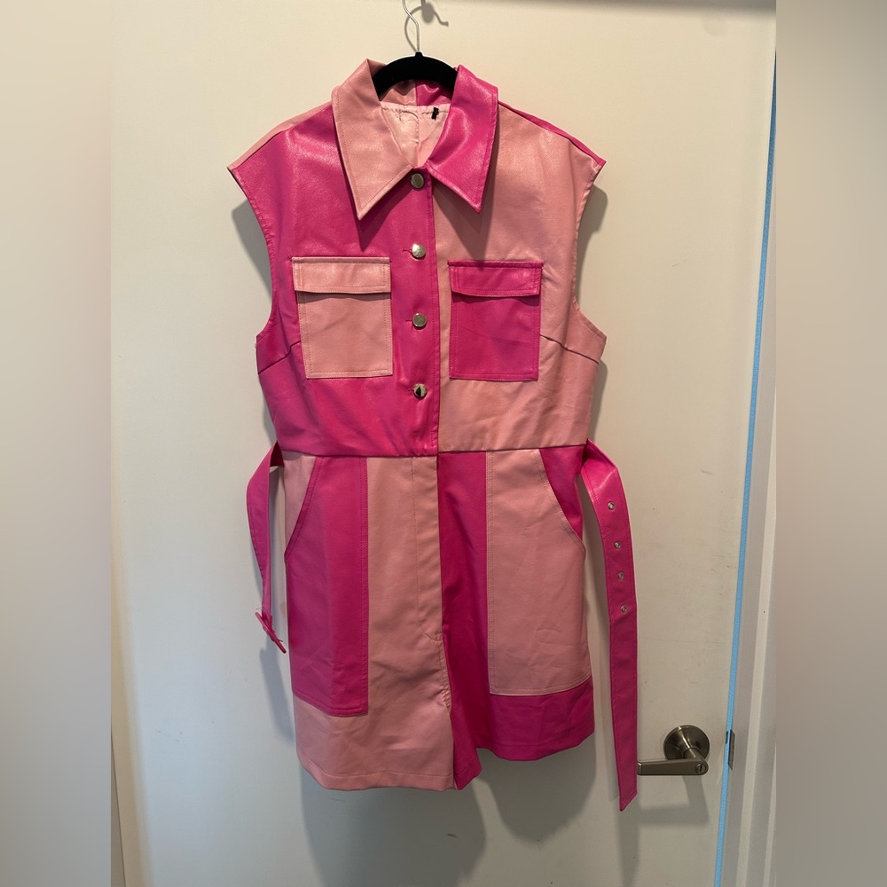 Vintage Light and Medium Pink faux leather Sleeveless Button-Up Romper/Jumpsuit